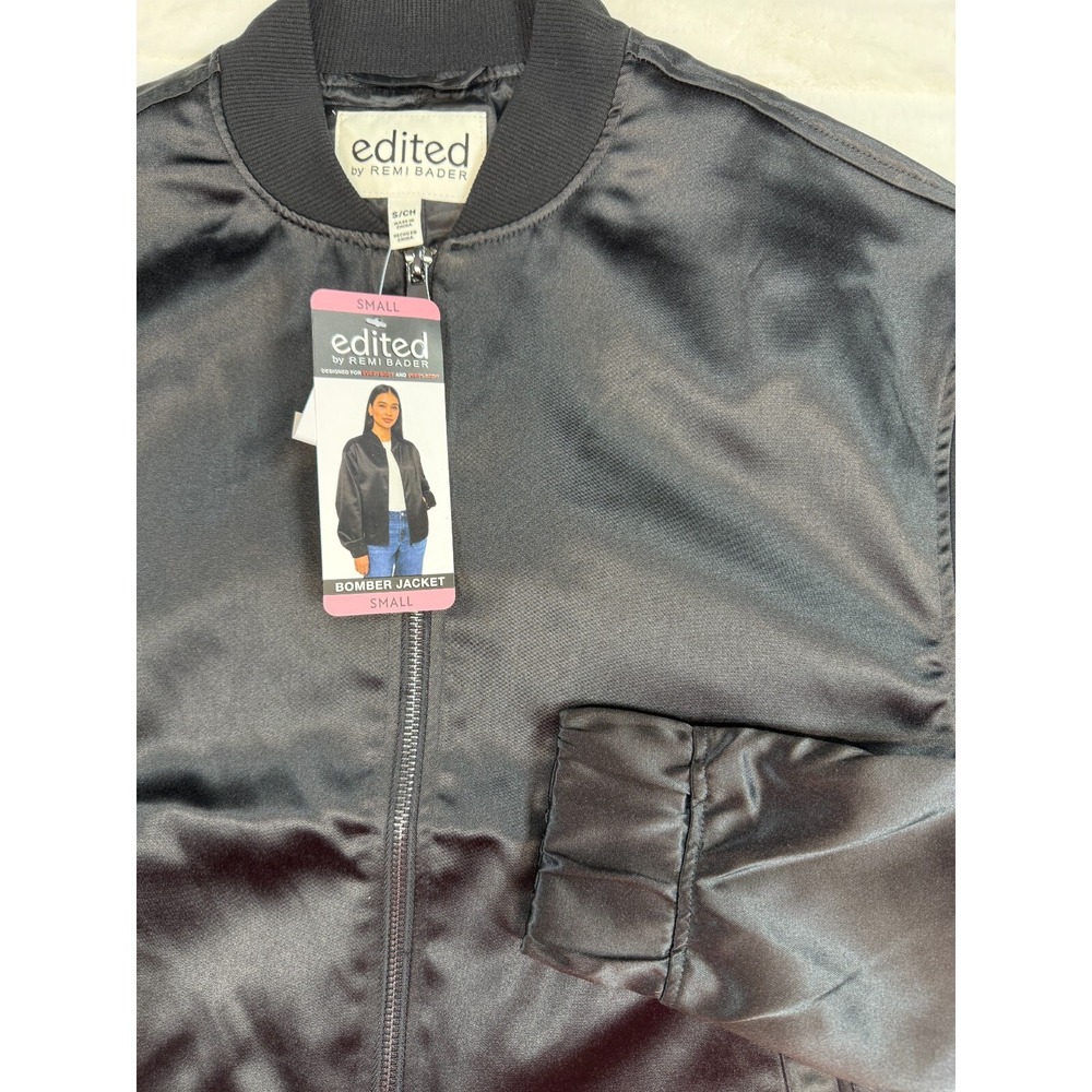 Edited Bomber Jacket Womens Small Black Full Zip Satin Comfort Drop Shoulder New